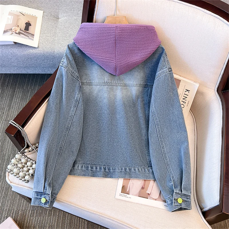 Mode Tie-Dye Abnehmbare Gestrickte Mit Kapuze Denim Jacke Frauen Kurze Cowboy Oberbekleidung Frühling Herbst Casual Langarm Jeans Jacke