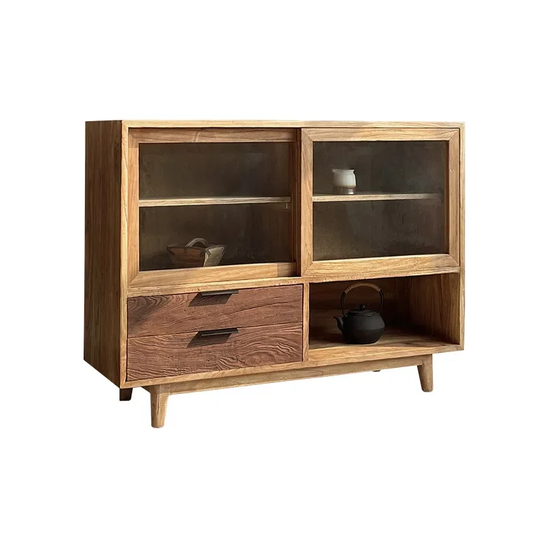 

Medieval wabi-sabi style solid wood sideboard, pantry cabinet, homestay storage glass, living room, floor-to-ceiling sideboard