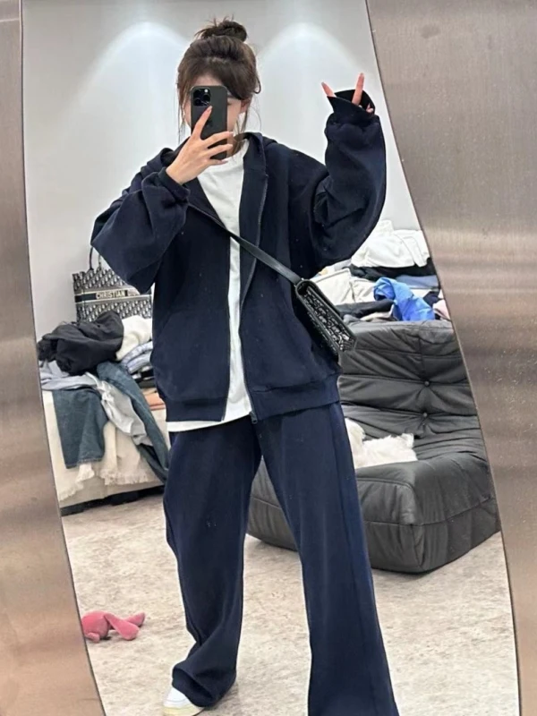 

Свободный худи на молнии и брюки: женский комплект для повседневного спорта, весна-осень, корейская мода, хлопок, длинный рукав