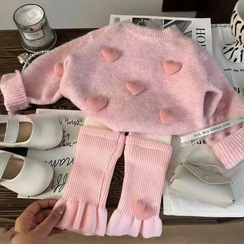 

Kids Girls' Sweater Set Autumn 2025 New Style Children's Sweet Love Knitted Top+leggings Two-piece Set 80-130CM