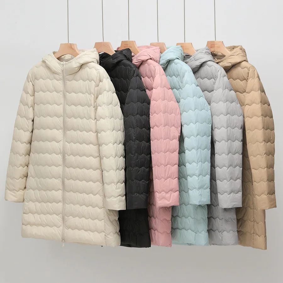 

Длинная женская легкая длинная куртка на белом утином пуху, повседневная осенне-зимняя верхняя одежда высокого качества с капюшоном, тонкое пальто 2025 г.