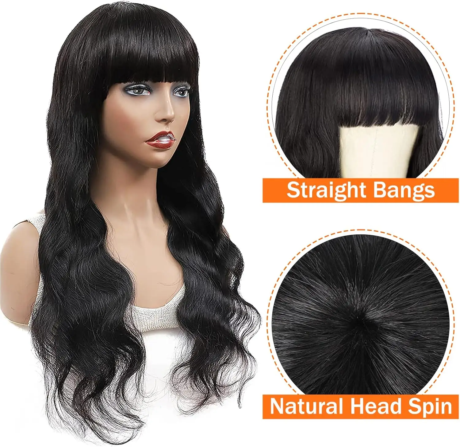 Parrucca Bang Densità 180% Parrucca per capelli umani Parrucca per capelli umani con frangia Parrucca 100% capelli umani Remy brasiliani per le donne 26 pollici