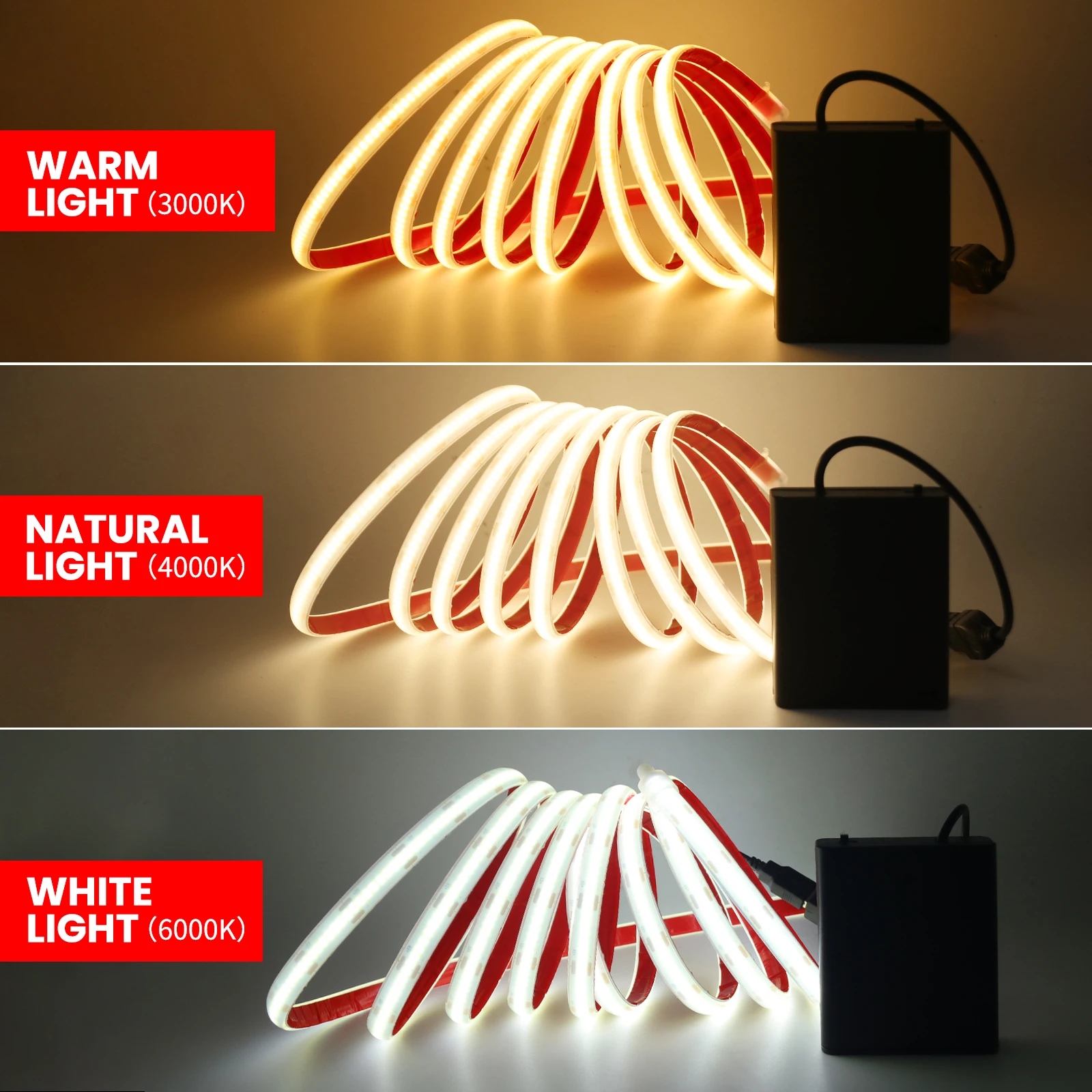 Battery Powered USB COB LED Strip DC5V 320LEDs/M IP68 Waterproof 3000K 4000K 6000K Flexible Adhesive Ribbon Outdoor Lighting