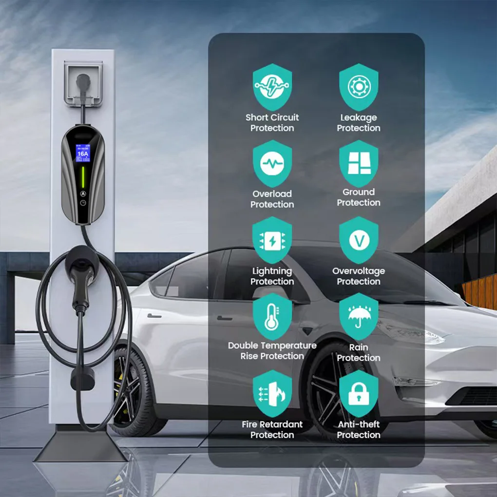 

Зарядное устройство для электромобилей 16A, 3,5 кВт, тип 2, ICE 62196-2, зарядное устройство с экраном, портативное зарядное устройство EVSE, британская вилка, огнестойкая защита