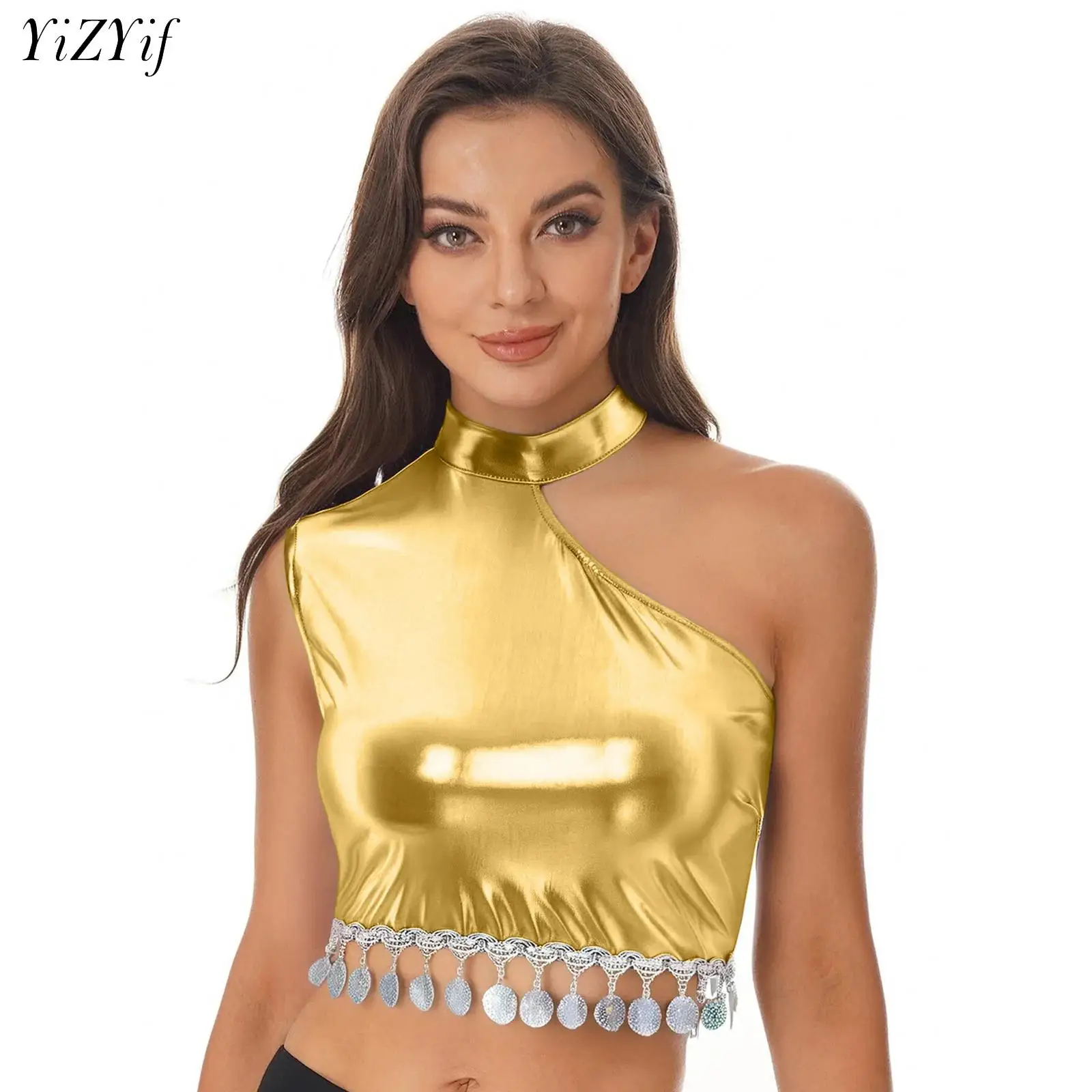 

New Style Sequin Fringe Crop Tops Vest Sexy Indian Belly Dance Top Sleeveless One Shoulder Tank Tops for Women Disco Rave Party