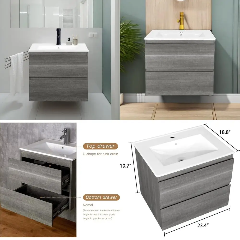 حمام عائم باللون الرمادي 24 مثبت على الحائط مع درجين وحوض سيراميك أبيض للتصميم الحديث #1