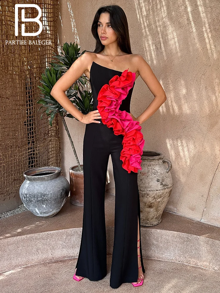 

PB Strapless Backless Ruffles Patchwork Black Bandage Jumpsuit Slash Neck High Split Wide Leg Sheath Slim Celebrity Romper