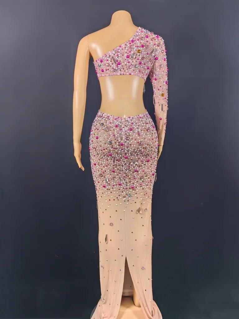 Trajes de palco de luxo feminino único manga longa cortar pérolas miçangas cravejado cristal spadex longo elástico vestidos de festa à noite