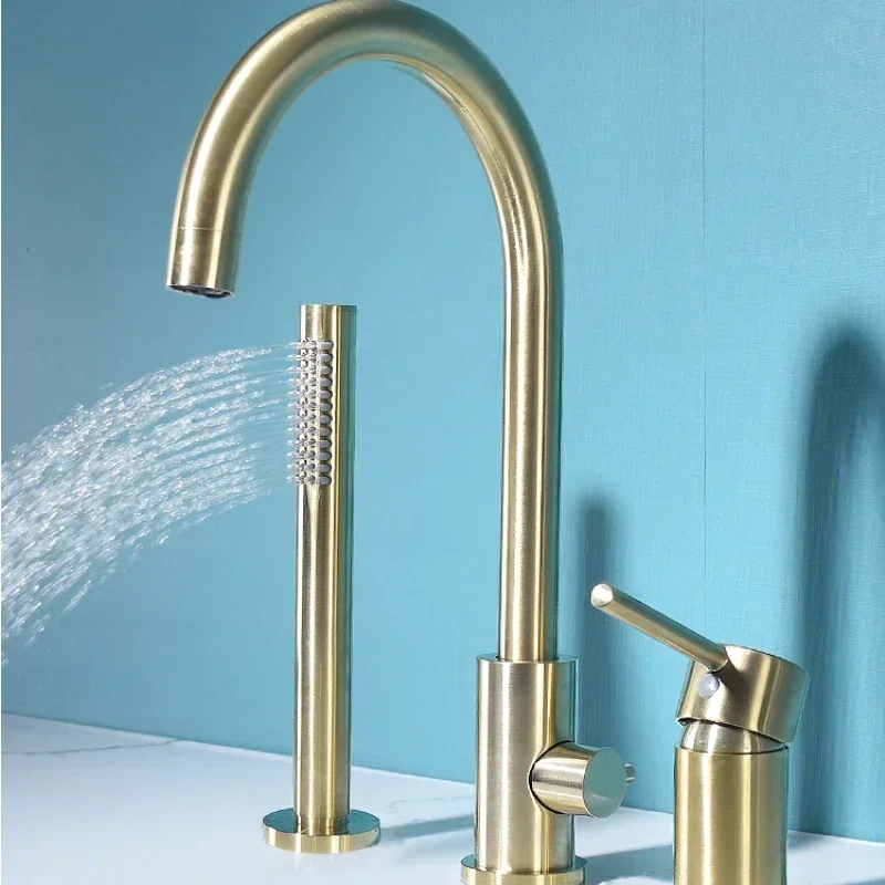 Brushed gold all copper cold and hot split type bathtub edge faucet bath faucet five piece set bathtub faucet seated