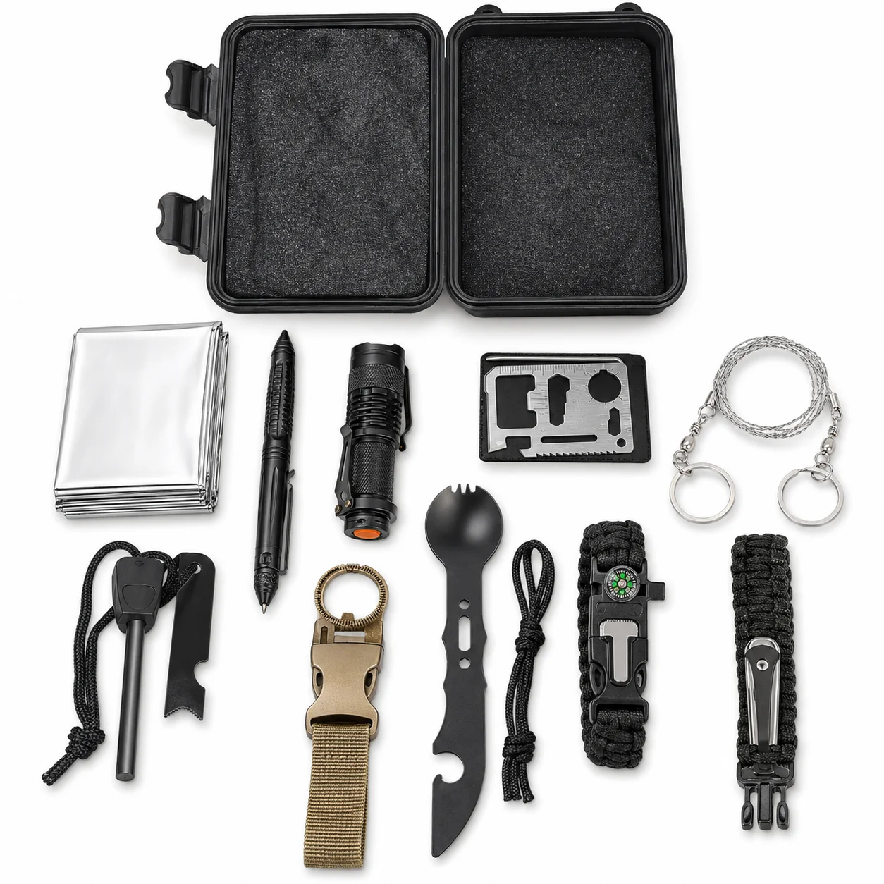 Kit d'outils de survie d'urgence portable pour l'extérieur, accessoires de camping et de randonnée avec couverture d'urgence, boussole, allume-feu, bracelet en paracorde