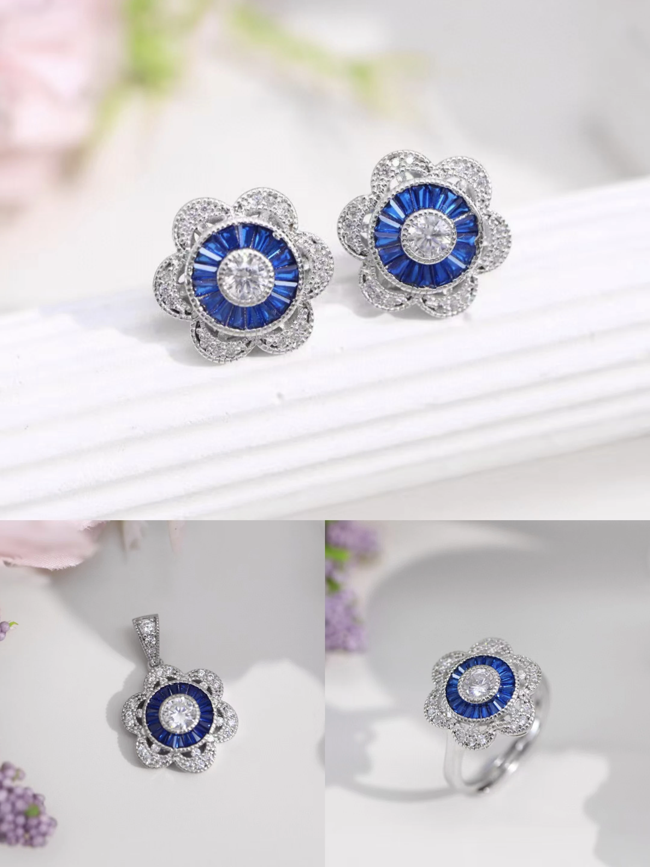 

Certificated 925 Silver Lab-grown Sapphire Sunflower Ear Stud Blue Synthetic Gems Pendant Ring Fine Jewellery Set Dropshipping