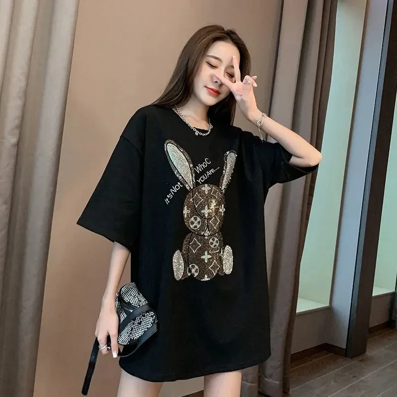 Hot Diamond Pure Cotton Printed Short sleeved T-shirt Women\'s Mid length New Spring/Summer Loose Casual Cartoon Half sleeved Top