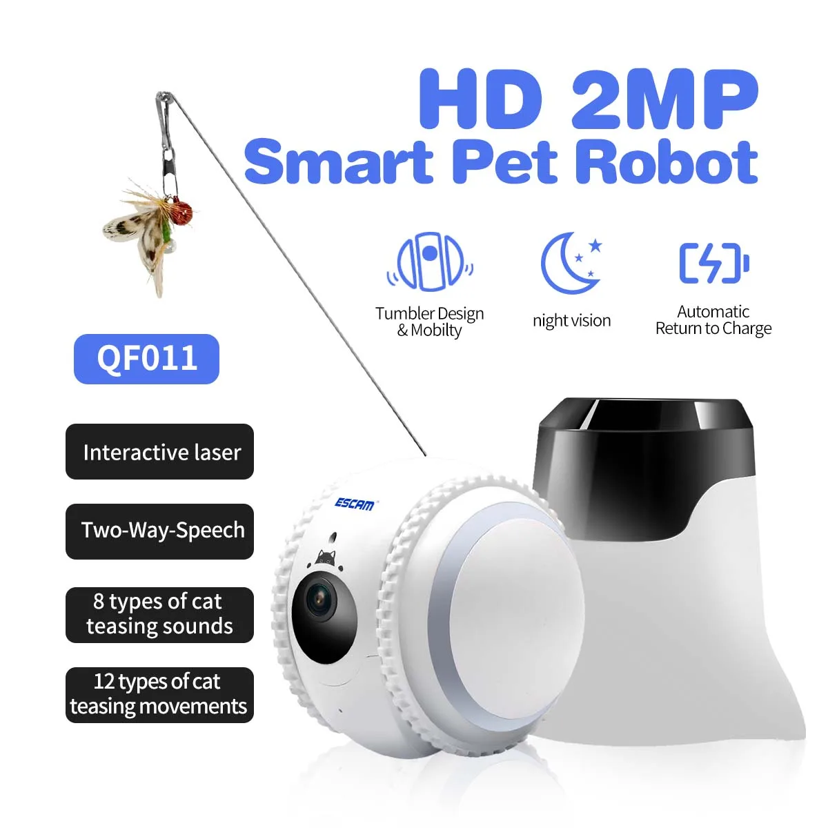 ESCAM QF011 2MP Smart Pet Robot Camera Night Version Tumbler Design & Mobity Automatic Return to change Cat & Dog Recgmesotion