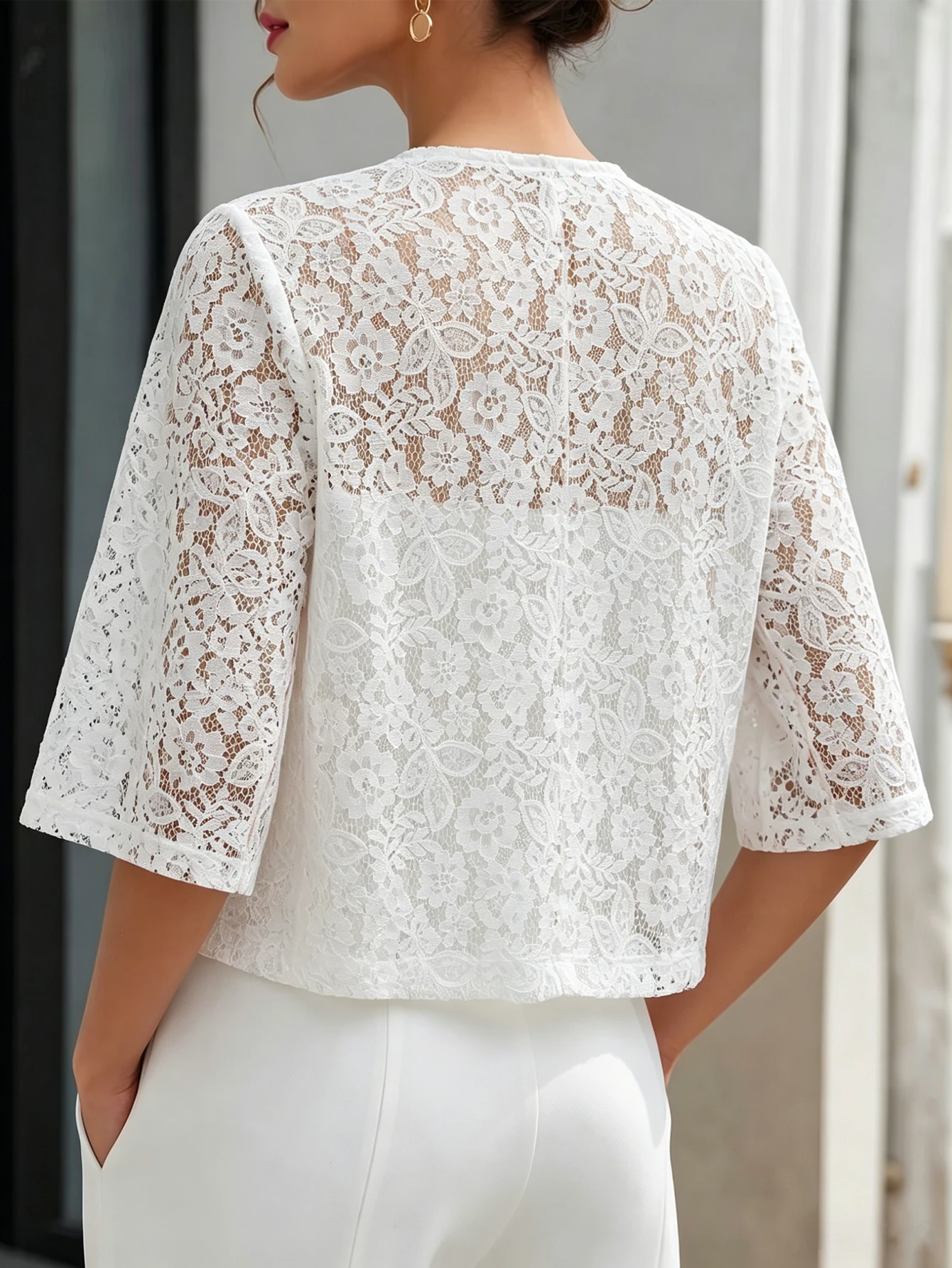 White Floral Lace See-Through Zip-Up Short Jacket, Elegant Round-Neck Cardigan with Three-Quarter Sleeves, Versatile White Lace See-Through Short Jacket for Commuting, Suitable for Vacation, Daily Wear, Commuting, Travel, Elegant Women's Jacket, Women's Commuter Jacket, Summer