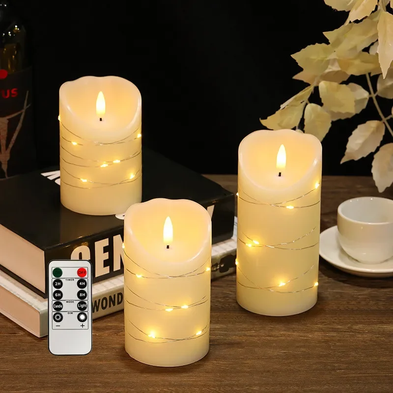 LED Flameless Candle With Remote Real Wax 3D Wick Flickering Candles With Embedded String Light Party Room Wedding Home Decor