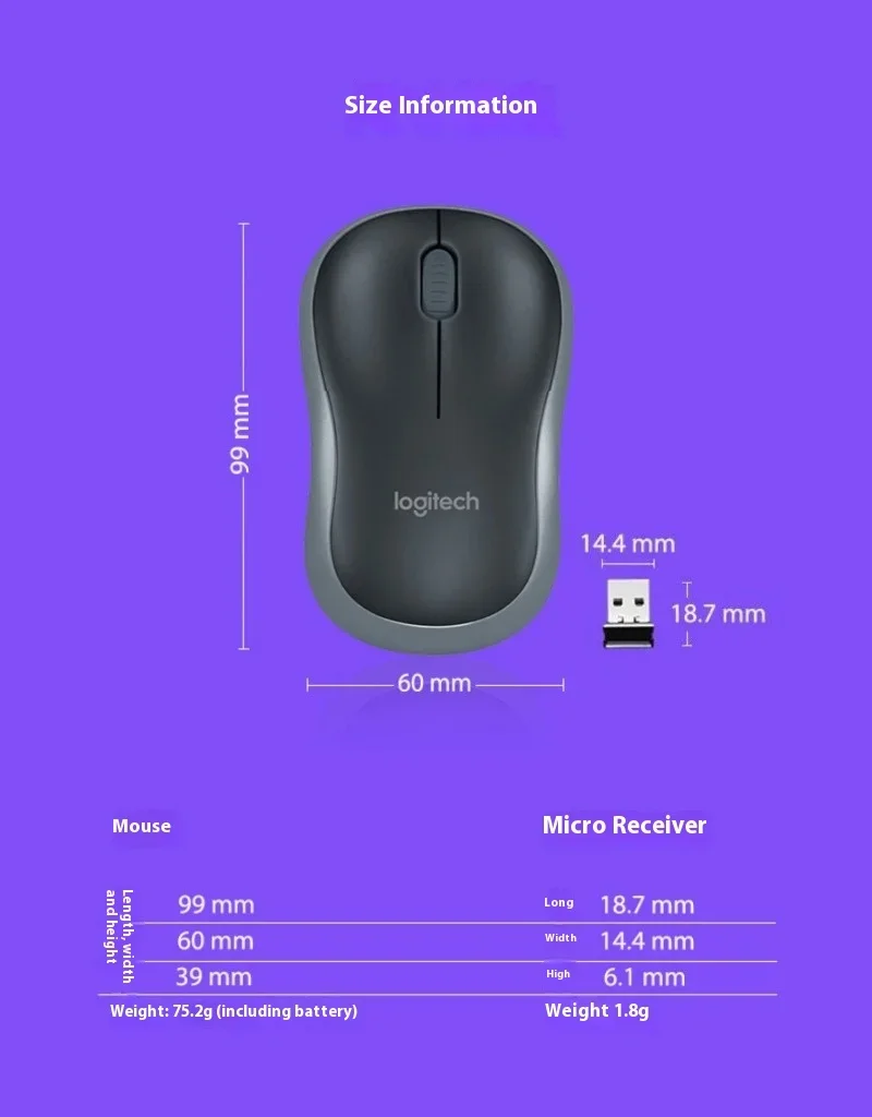 Logitech M185 Wireless Mouse 2.4G USB 1000DPI Plug and Play Portable Optical Mouse for  laptop desktop computer business office