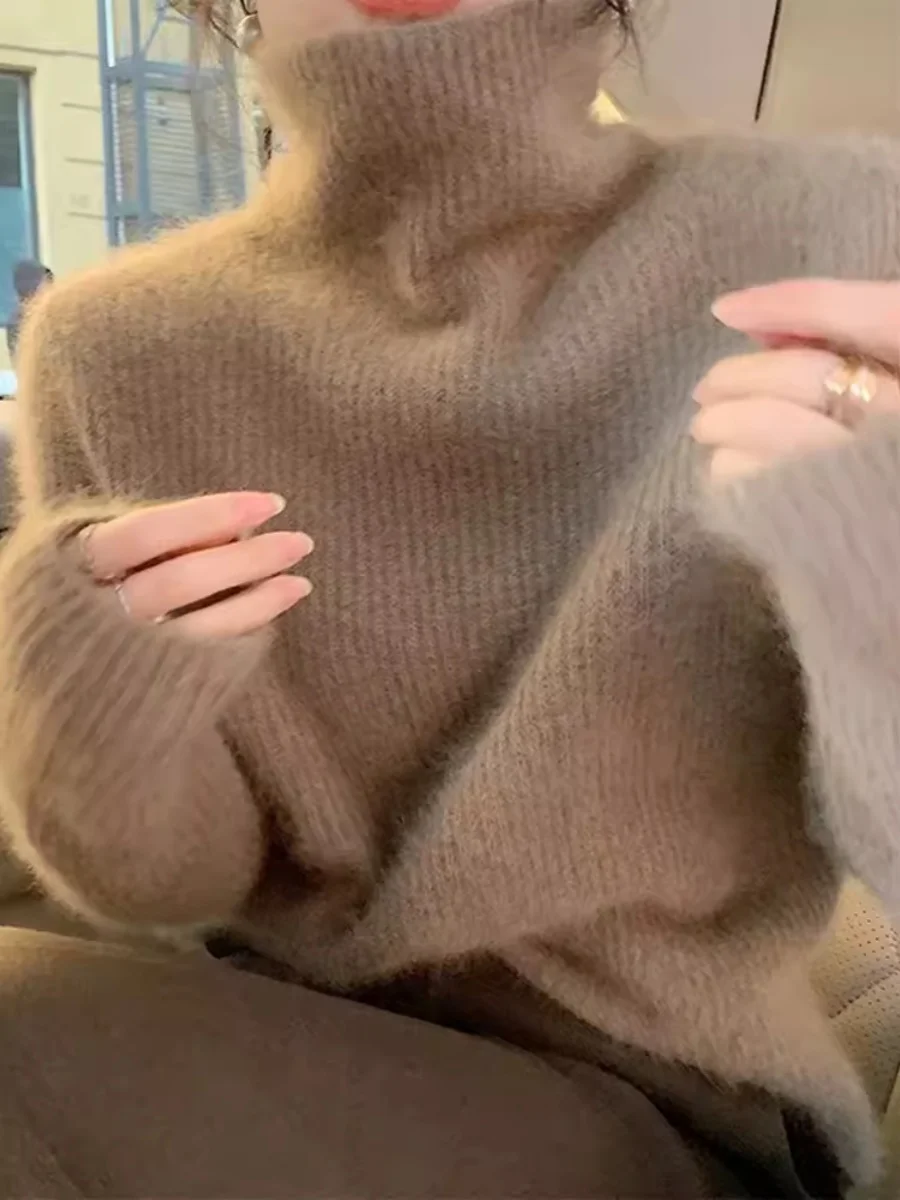 100% puro cashmere collo alto da donna vento pigro morbido ceroso ispessimento con top maglione a maniche lunghe tinta unita.