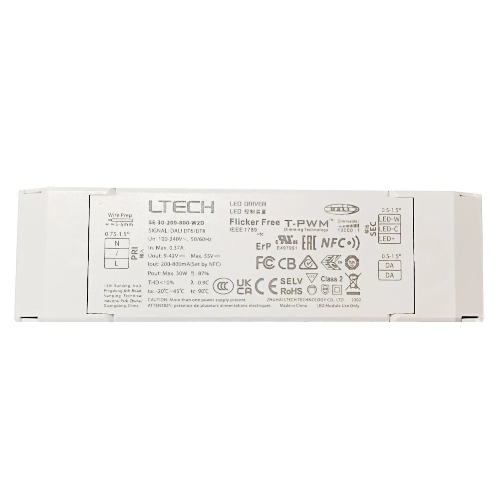 

LTECH 30W 200-800mA NFC CC DALI DT6 DT8 LED CCT Driver;100-240V Dali-2 Constant Current Tunable White Driver Power Transformer