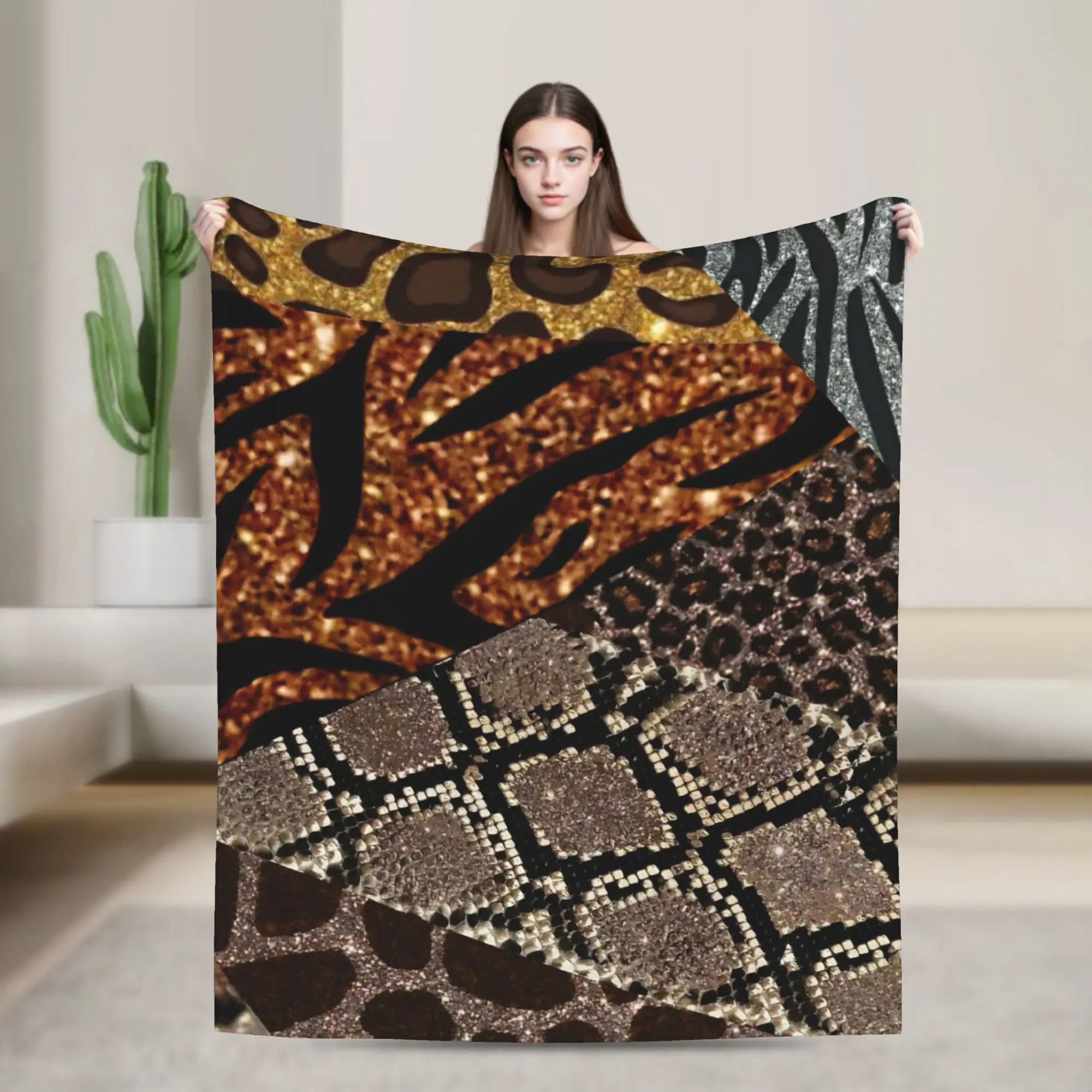 Leopard Patchwork Spliced Knitted Blankets Flannel  Lightweight Thin Throw Blanket for Bed Bed Rug