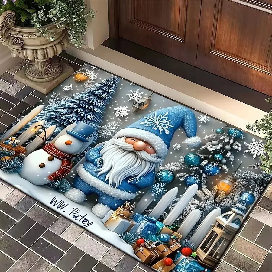 Blue Christmas Gnome Snowman print door mat chalet entrance side porch garden access Entry Door Rug Daily use Christmas Gift