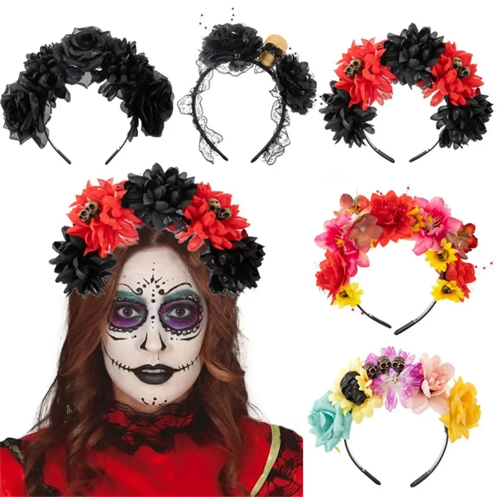 Retro Day of The Dead Halloween Rose Flower Headband Black Veil Wedding Flower Headpiece Costume Cosplay Party Headwear Women