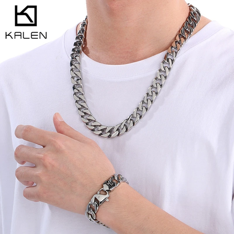 

Kalen 15MM Cuban Chain Stainless Steel Bracelet Necklace for Men Women Polished Blue/Colorful Charm Jewelry Sets Wholesale