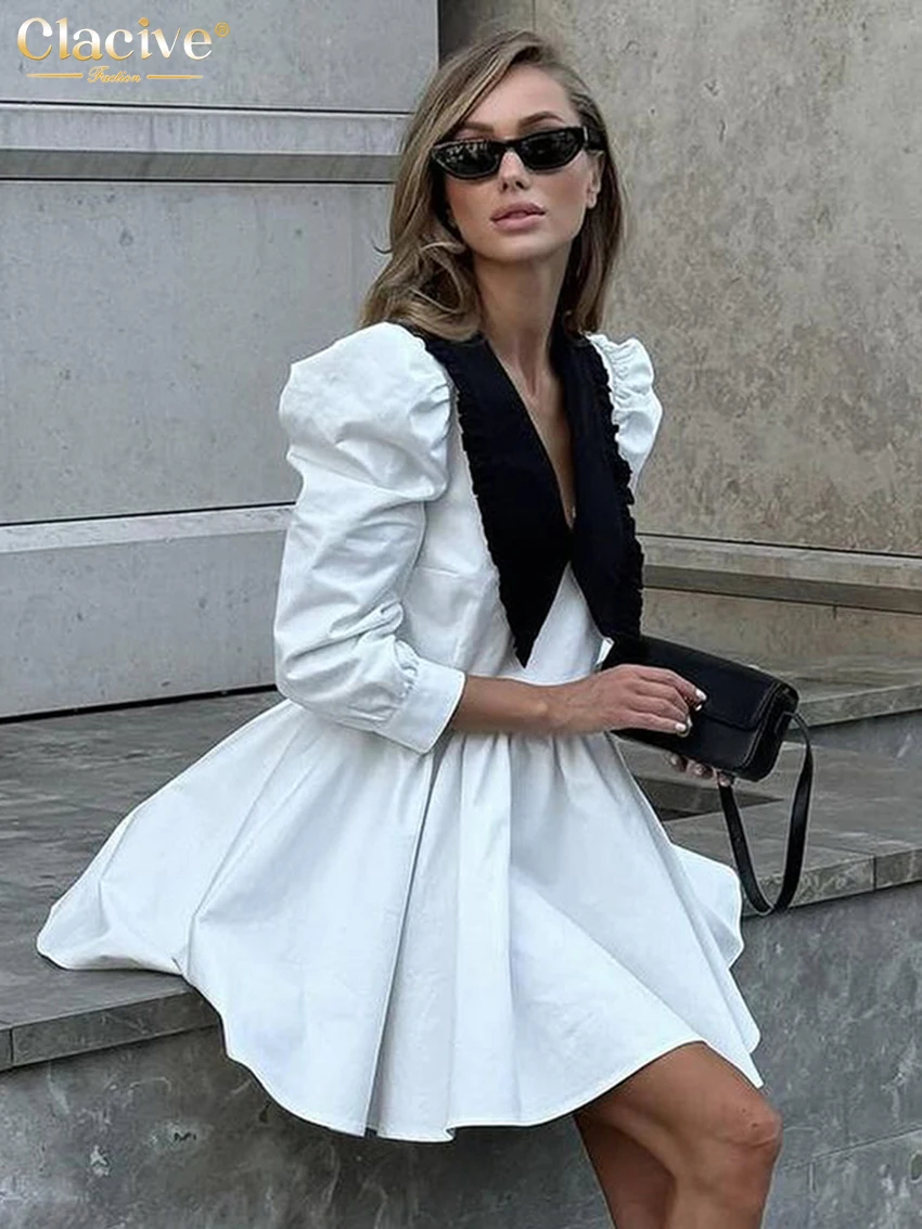 Clacive Fashion Black Patchwork Office Women Dress Casual Lapel Long Sleeve Mini Dresses Elegant High Waist Pleated Female Dress