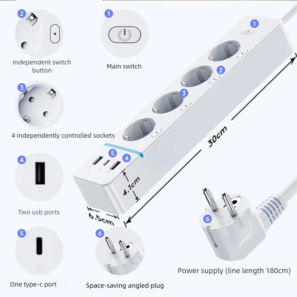 LELLKI WiFi Socket 2A1C PD30W Power Strip Energy Monitoring EU Plug Tuya Smart Life Alexa Google Independent Control Button 16A - view 6