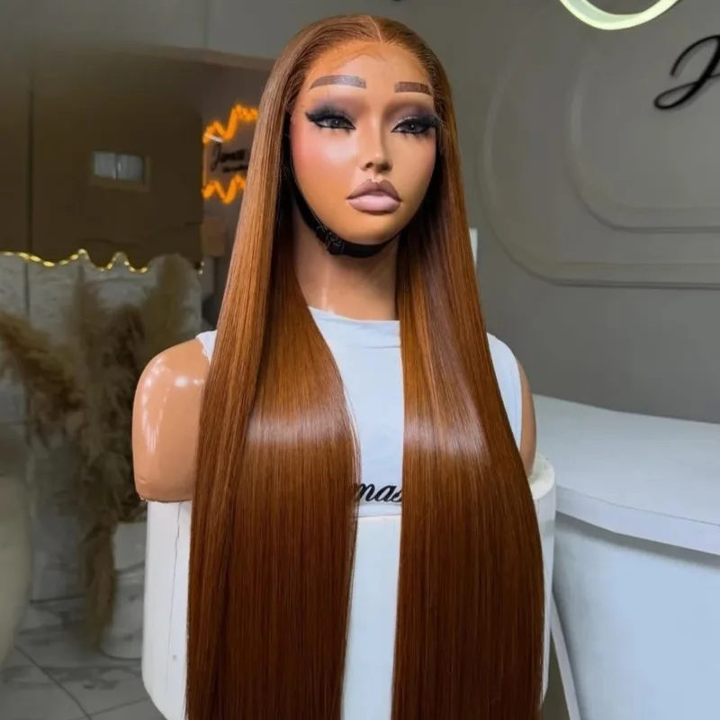 Straight Ginger Brown HD 13x4 Synthetic Lace Front Wig M Shaped Logos Hairline Glueless Wear And Go Pre Plucked For Women Daily