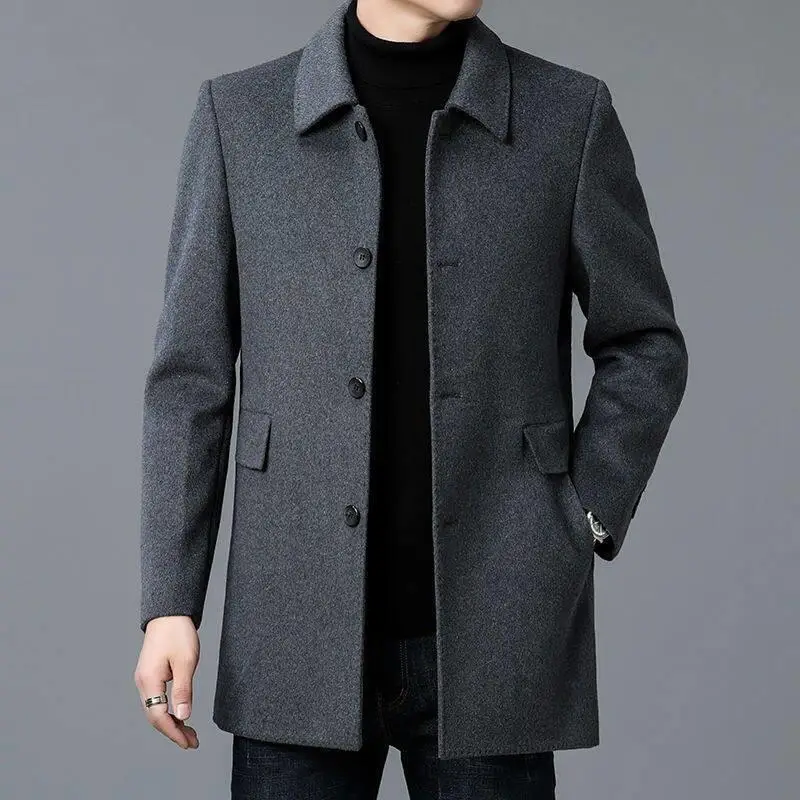 

Double-Sided Woolen Dad Style Coat Korean Version Middle-Length Turn-down Collar Flannel Jacket for Men Casual Wear All Seasons