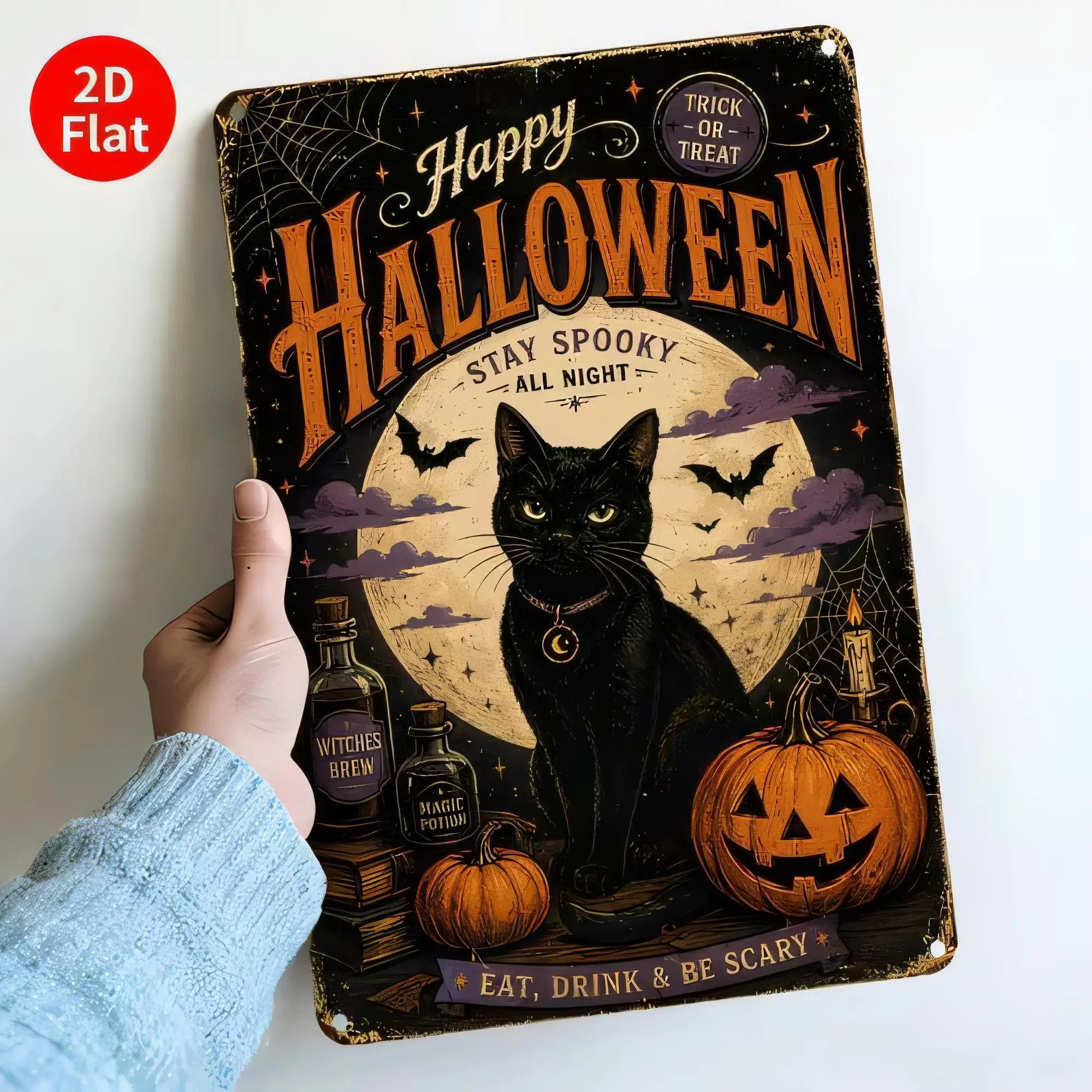 Tin Sign Halloween Cat Decor  Metal Plaque Stay Spooky All Night Witchcraft Magic Potion Trick Or Treat Wall Art for Home Bar Ca