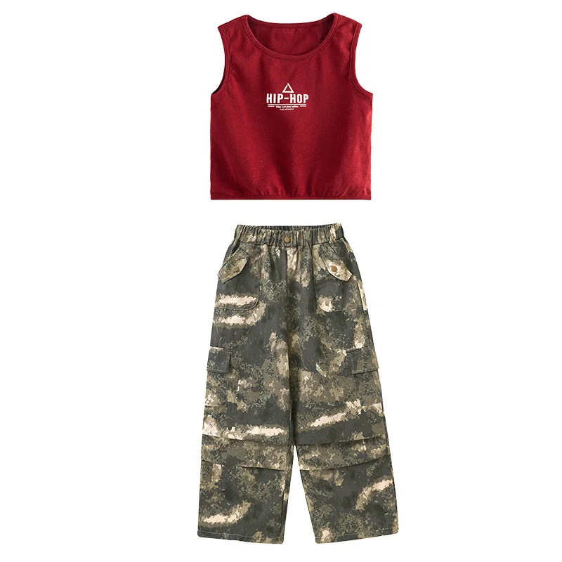 Costume de danse Jazz Hip Hop pour filles, haut court taille haute vert/rouge/noir, pantalon de Camouflage coréen