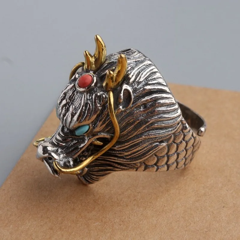 BOCAI 100% S925 Silver Jewelry Retro Ethnic Style Powerful and Domineering Dragon Roaring Nine Heavens Ring for Men Fashion Gift