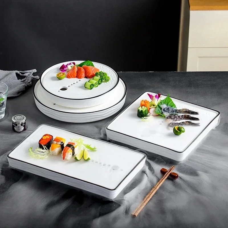 Creative Dry Ice Smoke Container Ceramic Cold Dish Tray Sashimi Dry Ice Plate Tableware Sushi Pan Characteristic Hotel Tableware