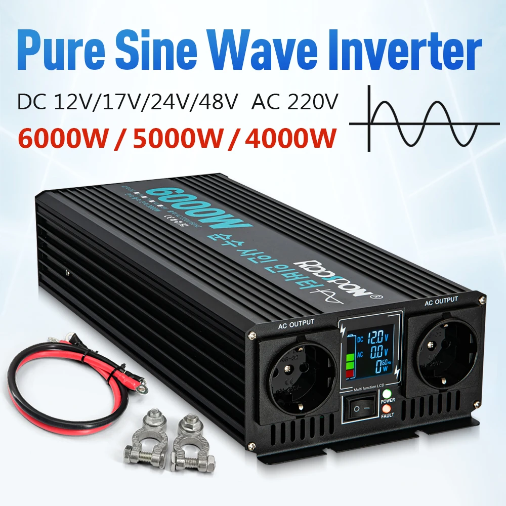 Rddspon-inversor de Onda Senoidal Pura Conversor de Tensão Fonte de Alimentação Soquete Duplo Display Lcd dc 12v 24v a 220v ac 4000w 5000w 6000w