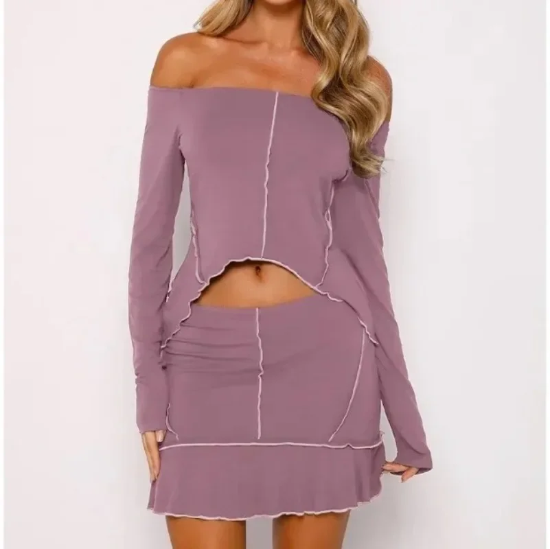 

GUWU Ruffs Hem Bodycon Midi Мини-юбки и футболка с открытыми плечами и длинными рукавами, укороченный топ, комплект из двух предметов, женская одежда