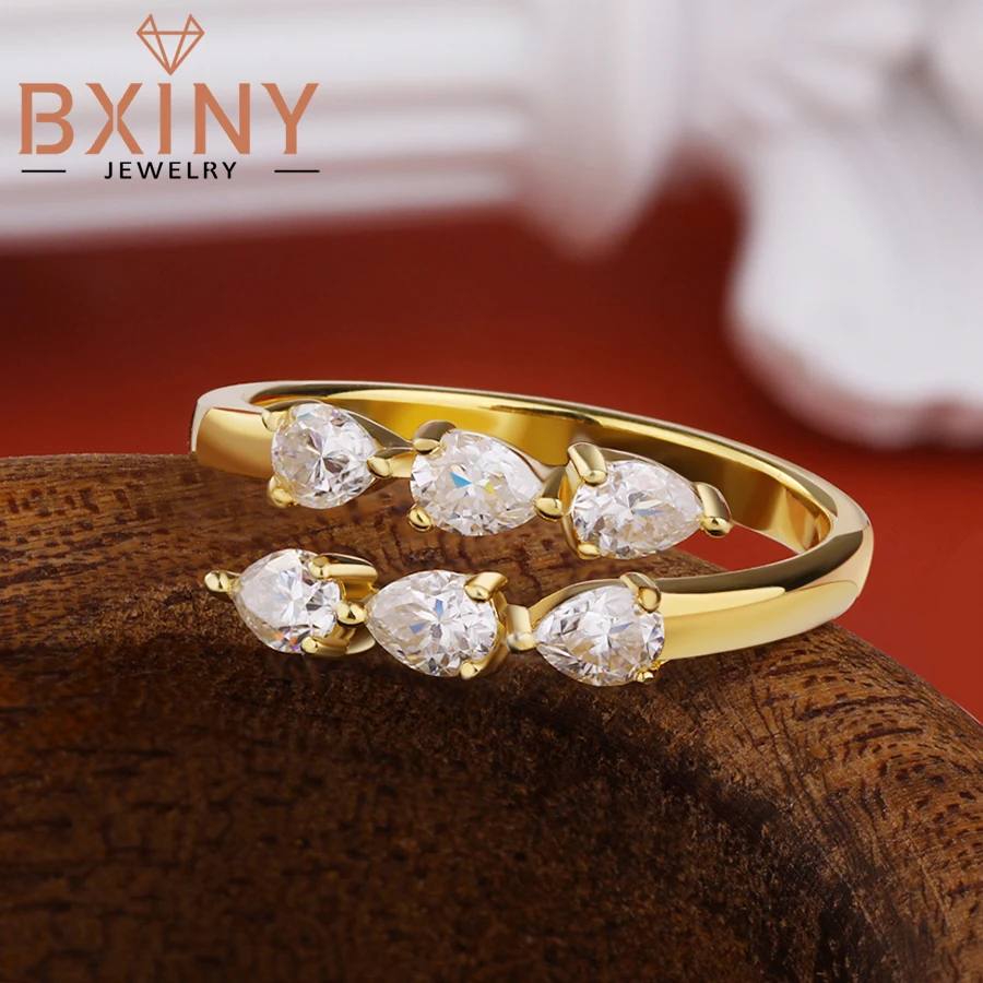 

BXINY Капли воды Все кольца с муассанитом 100% серебро S925 Двухрядное открытое кольцо с бриллиантом грушевидной огранки для женщин Свадебный подарок Изящные ювелирные изделия