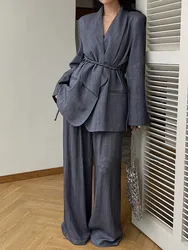 2025 Spring And Summer New Solid Color Shoulder Pad V Tie Twist Belt Blouse + Drape Wide-leg Pants Design Sense