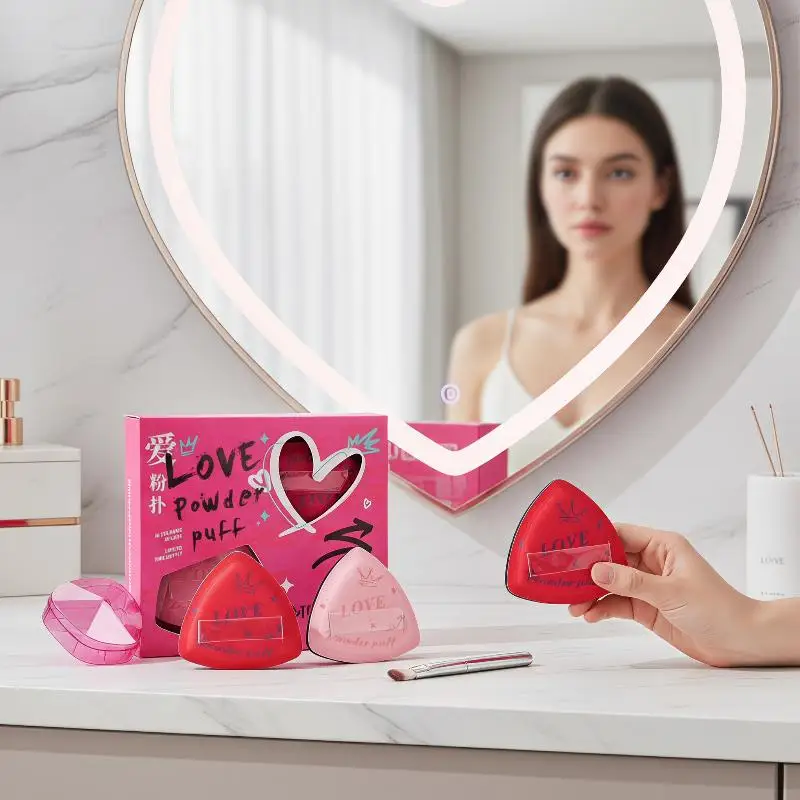 Heart Shaped Pink Powder Puff 3 Pack Non-Absorbent Even Coverage Reusable for Home Travel Daily Makeup Use