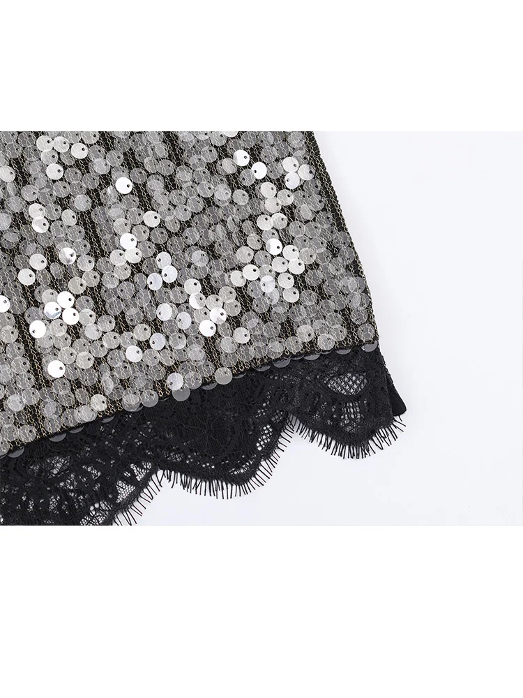 HH frauen Elegante Glänzende Pailletten Spitze Splice Dekorative Dünne Rock Mode Weibliche Chic Hohe Taille Schlitz Saum Langen Rock mujer
