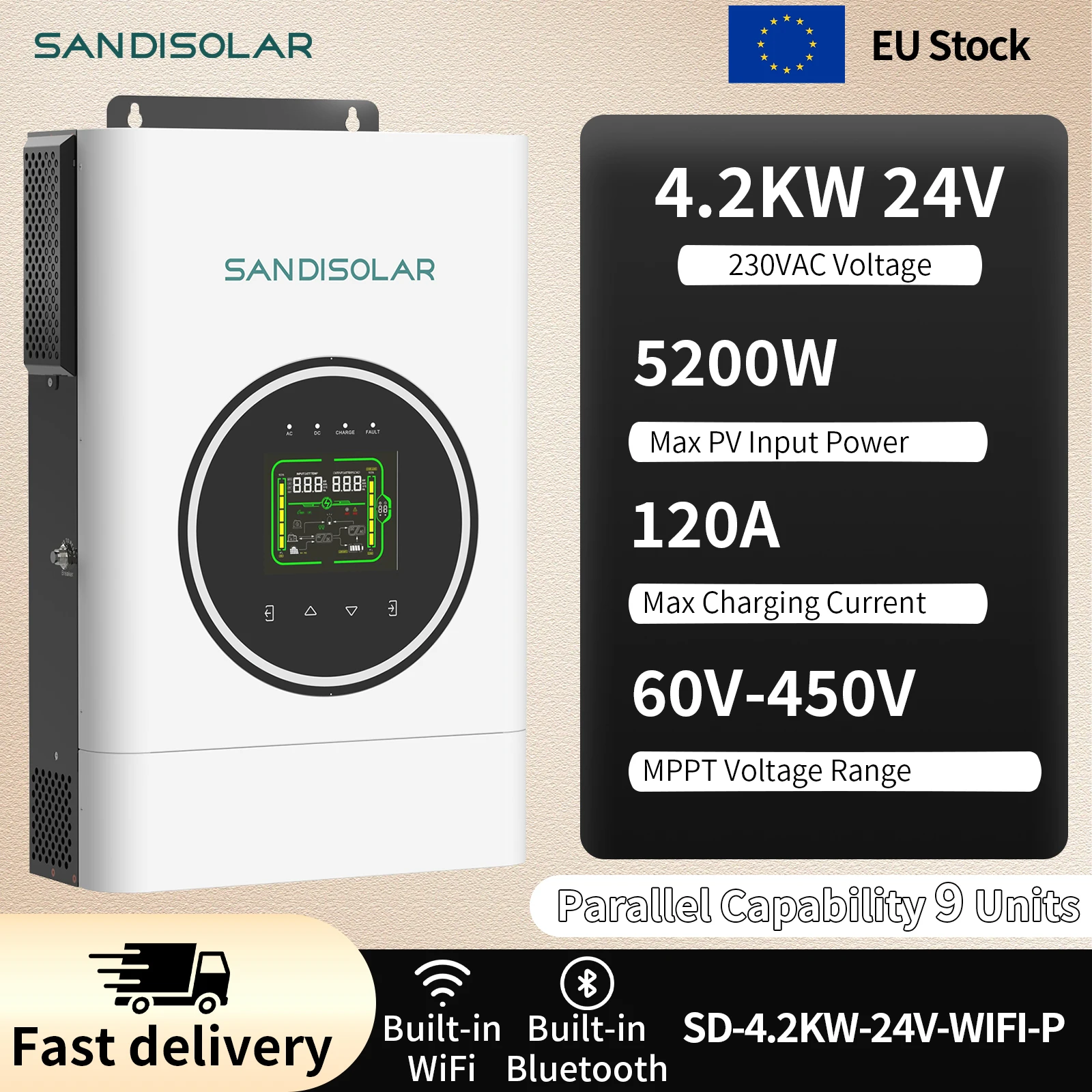 SANDISOLAR 4.2KW 24V Off Grid Solar Inverter Pure Sine Wave 120A MPPT Hybrid 500VDC Dual Output Parallel for Home Power System