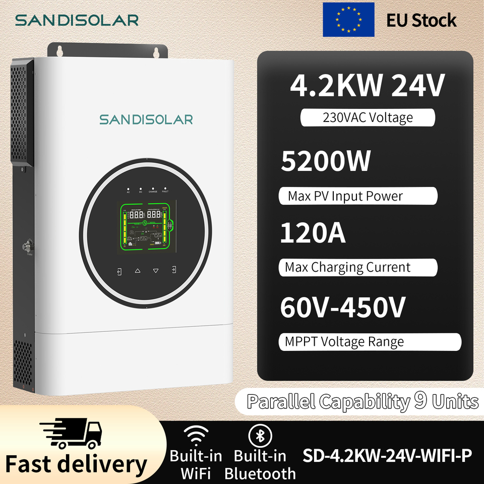  SANDISOLAR 4.2KW 24V Off Grid Solar Inverter Pure Sine Wave 120A MPPT Hybrid 500VDC Dual Output Parallel for Home Power System 