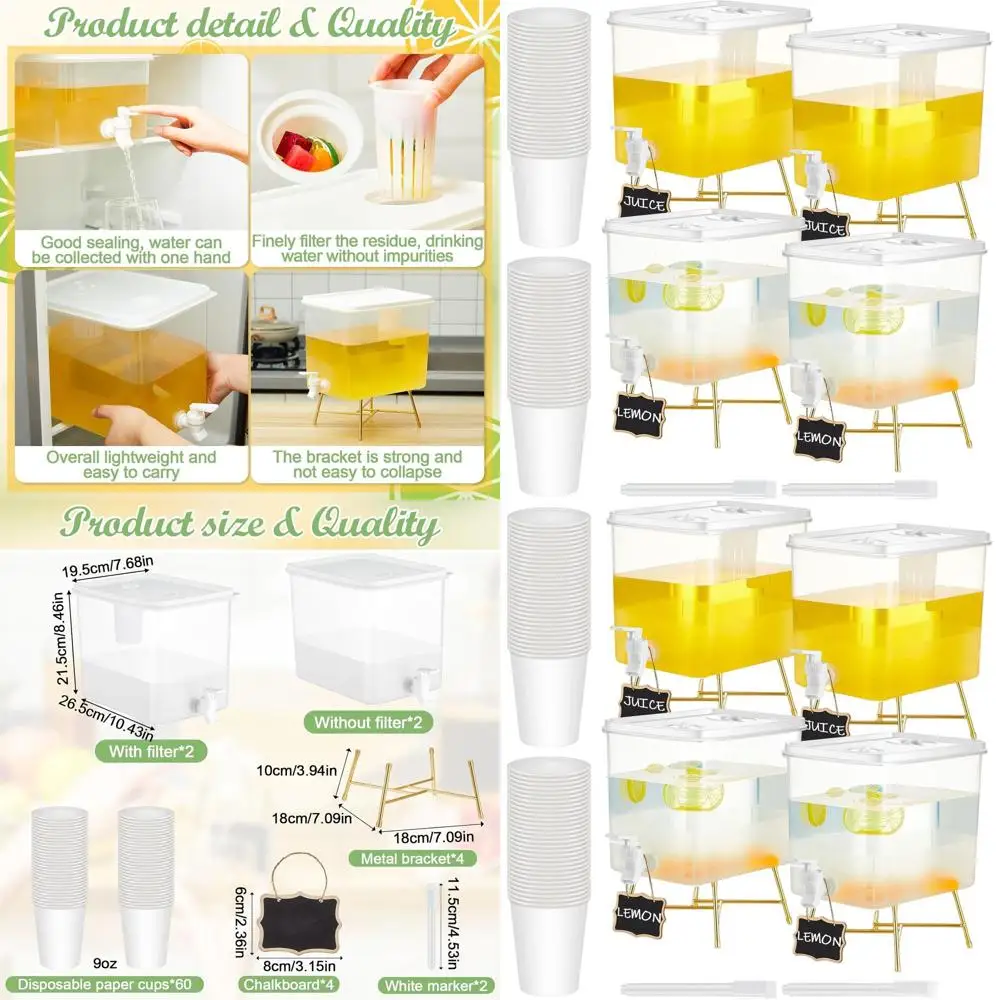 

4-Pack Beverage Dispensers with 60 Disposable Cups, 2.3 Gallon Capacity for Party Drinks and Iced Tea