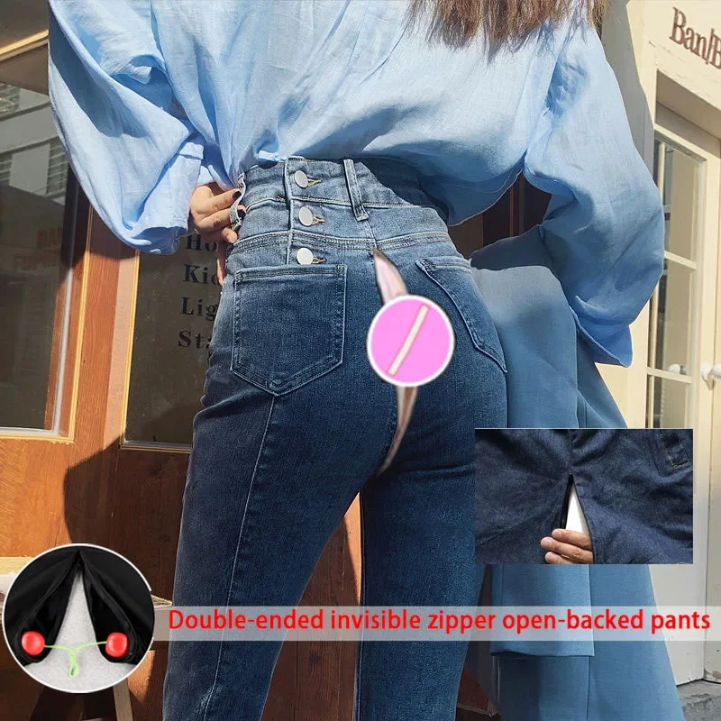 

Open Crotch Outdoor Sex Pants Women Skinny Tight Blue Boyfriend Jeans Vintage Clothes Ripped Denim Streetwear Female Hotpants