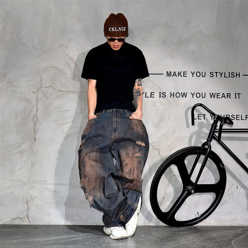 

Vibe Wasteland Aged Dirty Wash Ripped Wide Leg Jeans Men, Street Fashion Loose Stacked Trousers