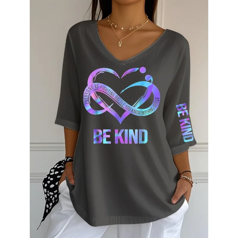 ilstile Women's Be Kind Print T-Shirts Summer 3/4 Sleeve Casual Loose T Shirt V Neck Tops Tees White Black NEW