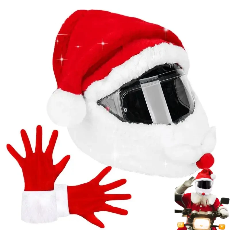 Santa Cycling Helmet Christmas Motorcycle Helmet Cover Full Face Funny Headgear With Christmas Gloves Cover Santa Claus Hat