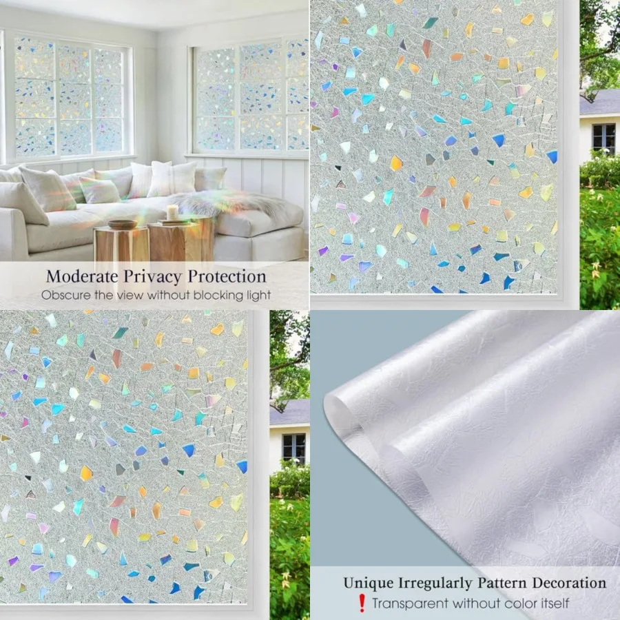 

Staed Glass Wdow Privacy Film 3D Rabow Decorative Heat Control UV Blockg Non-Adhesive Removable Vyl Film Wdow Tt for Bathroom D