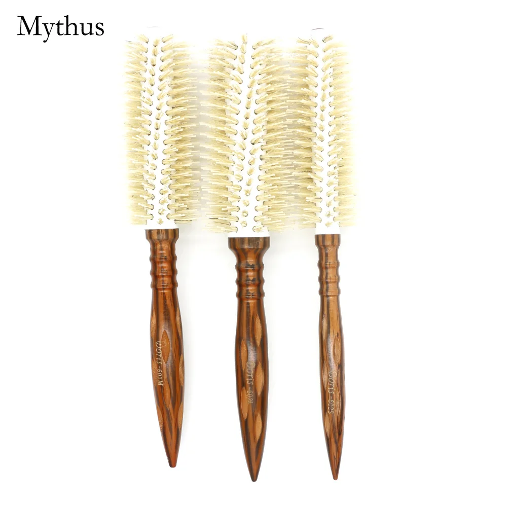 Mythus 3 Size Salon Hair Curls Brush Antistatic Wooden Hair Round Brush For Hairdressing Nylon And Bamboo Fibre Barber Brushes