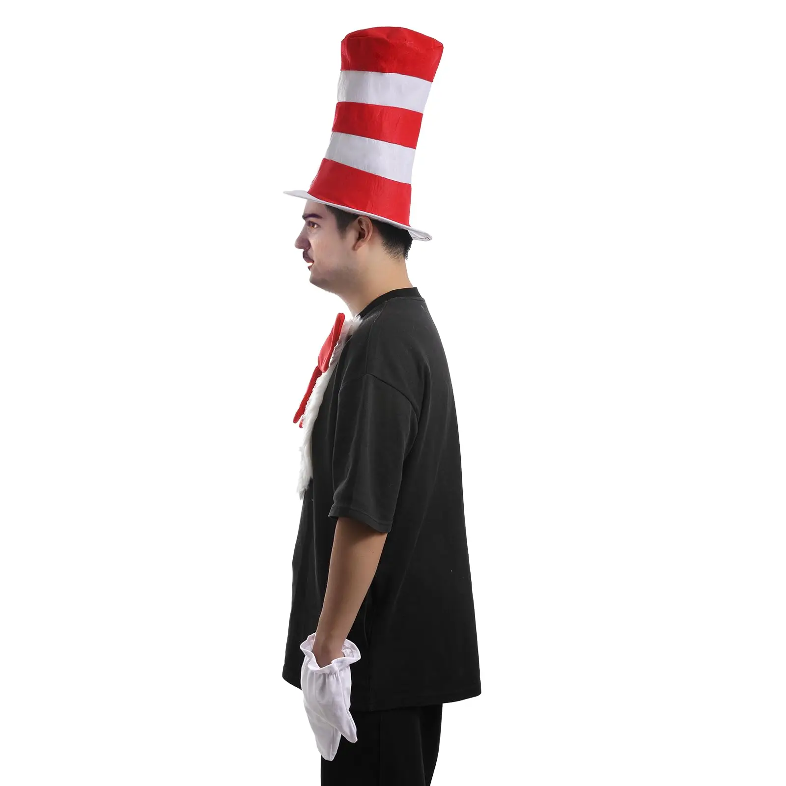 ชุดหมวกแมวสำหรับผู้ใหญ่ หมวกทรงสูงลายทางสีแดงขาว พร้อมโบว์ผูกคอขนฟูและถุงมือ สำหรับวันโลกแห่งหนังสือ ปาร์ตี้ฮาโลวีน และงานแต่งกายแฟนซี